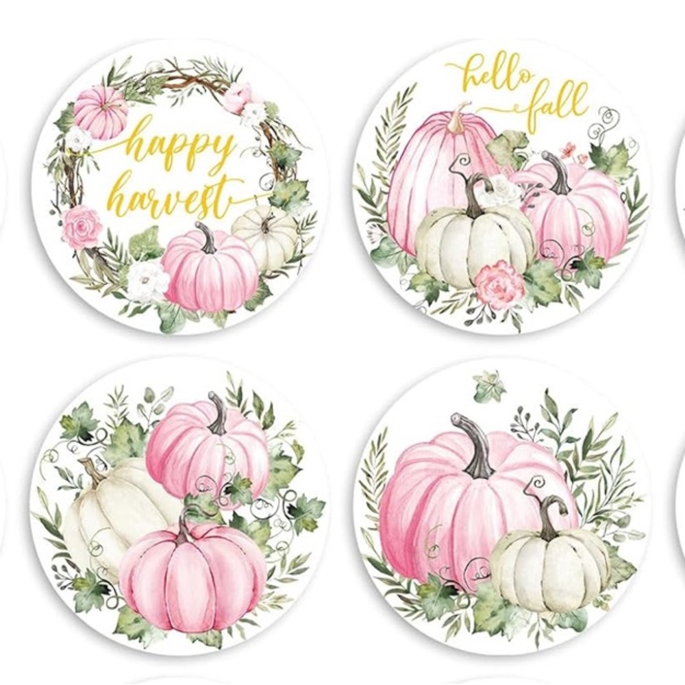 NEW! 50 Pink & White Pumpkin 1.5 inch Fall Stickers